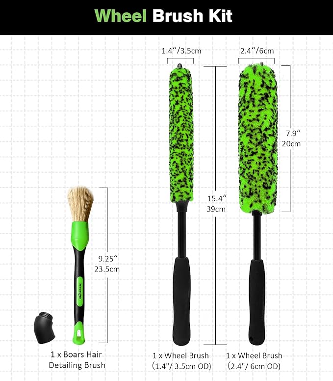 YeewayVeh Car Wheel Brush Kit, 3 Pack Scratch-Free Wheel Cleaner Brush and Detailing Brush, Wheel Car Cleaning Wash Brushes for Vehicle Motorcycle Rim Fenders Engine Exhaust Tips, Green&Black