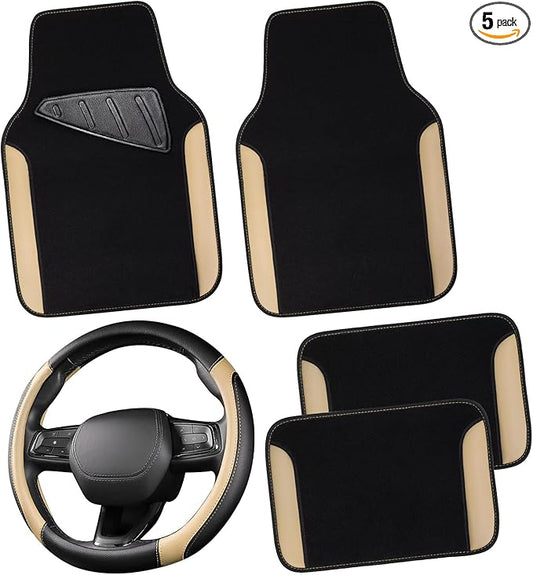 CAR PASS Faux Leather Steering Wheel Cover and Waterproof Car Floor Mats,Universal Car Combo Fit for 95% Sedan,SUV,Cars,14.5-15inch Sporty Anti-Slip Safety Comfortable Design(Black＆Beige)