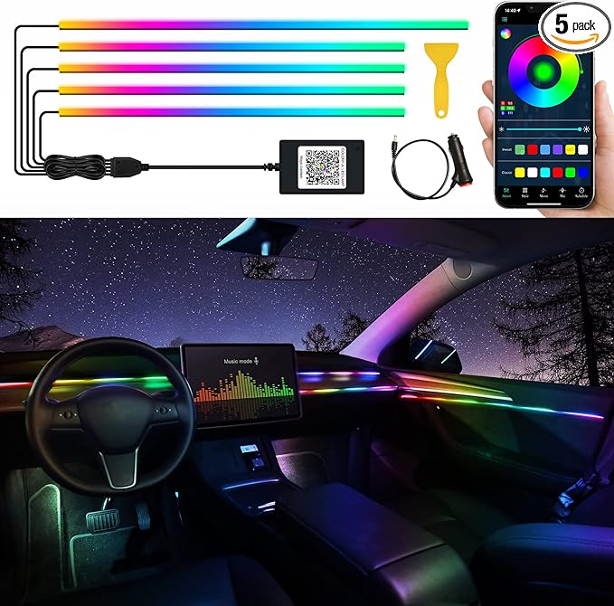 Acrylic Interior Car LED Strip Light with Wireless APP, RGB Dreamcolor 5 in 1 Ambient Lighting Kits, 16 Million Colors Sound Active Function Car Neon Lights, Sync to Music (dreamcolor 5 in 1)