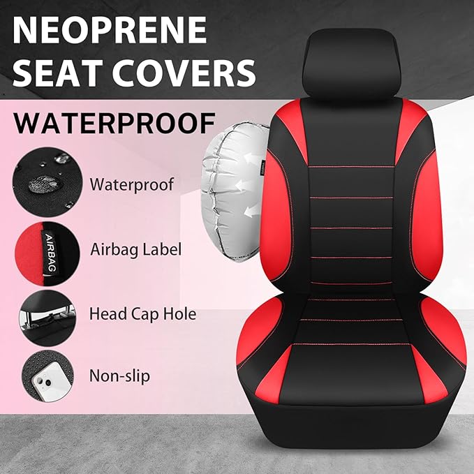 CAR PASS Neoprene Wetsuit Seat Covers, Waterproof Car Seat Covers Front with 5mm Composite EVA, Universal Fit for Car,Sedan, SUV TrucksAnti Slip with Armrests, Airbag Compatible(Black and Red