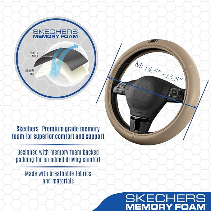 Skechers Memory Foam Steering Wheel Cover,Grade Protein Leather Steering Wheel Cover,Universal Fit 14" 1/2-15" Car Steering Wheel for Men Women Fit Suvs,Vans,Sedans,Car,Trucks,Beige