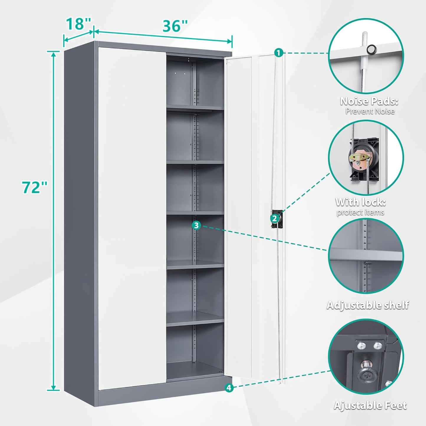 Wide & Deep Metal Storage Cabinet with 6 Shelves,72 inch Tall Garage Storage Cabinet with Lock,Gray White Metal Cabinets with Locking Doors,Large Steel Lockable Cabinets for Home,Office,Shop,Garage