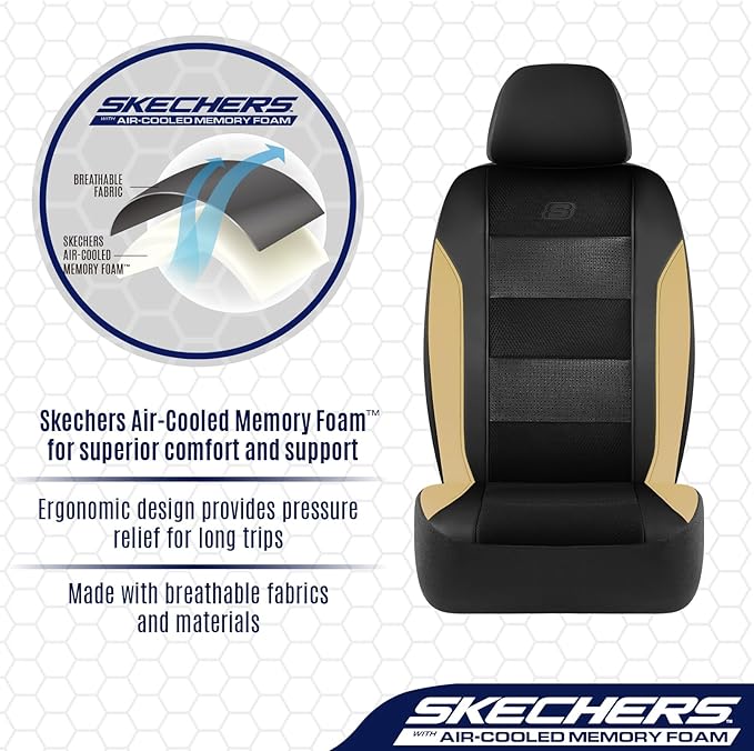 Skechers Aircooled & Memory Foam Seat Covers,Premium Leather with EVA Mesh Car Seat Covers,Seat Cover Full Sets,Airbag Compatible Automotive Comfort for Most Cars, Vans, Trucks, SUV,Beige