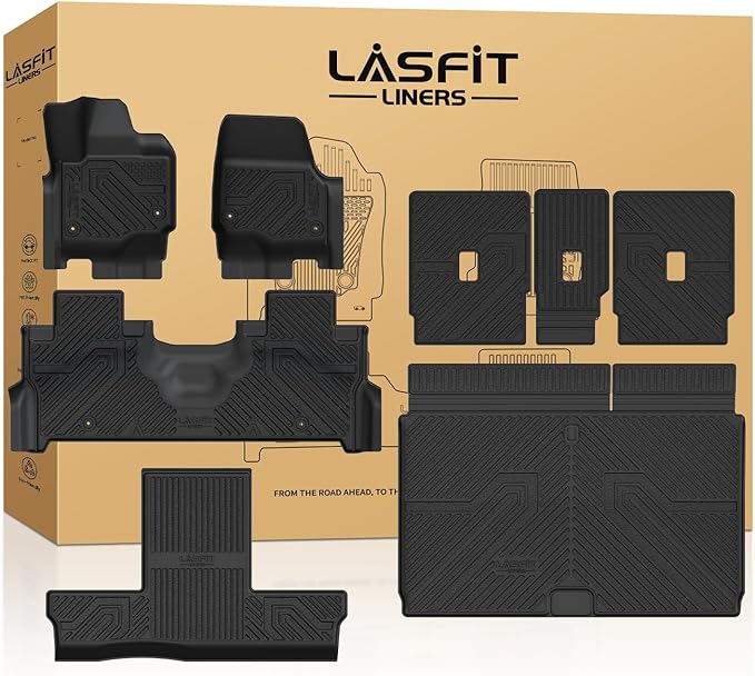 LASFIT Floor Mat & Cargo with Backrest Mat for Ford Expedition Max & Lincoln Navigator L 7 Seats 2025 2026(Not fit 8 Seats),Fit All Weather Protection TPE Easy Clean Floor Liners,Full Set,Black