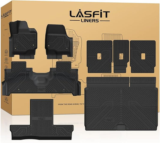 LASFIT Floor Mat & Cargo with Backrest Mat for Ford Expedition Max & Lincoln Navigator L 7 Seats 2025 2026(Not fit 8 Seats),Fit All Weather Protection TPE Easy Clean Floor Liners,Full Set,Black