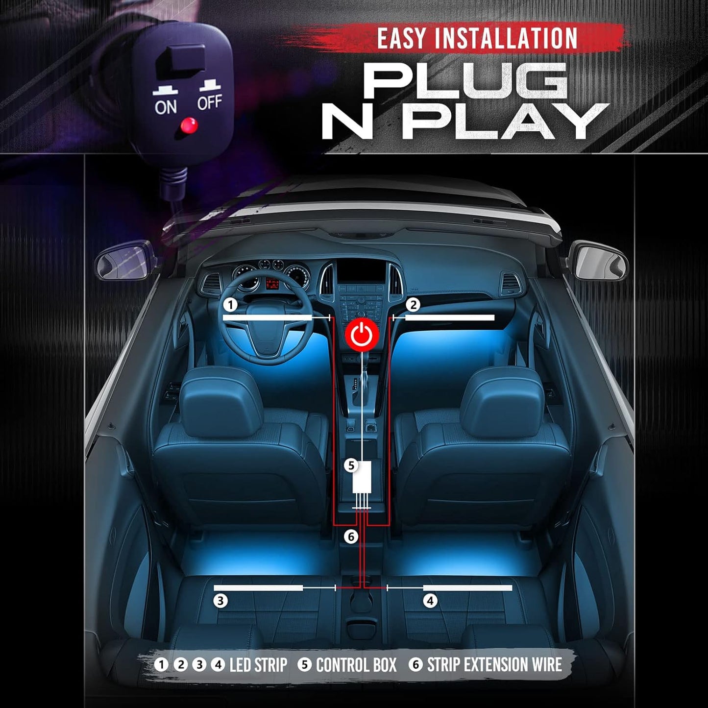 OPT7 Aura Double Row Car LED Lights Interior with Wireless Remote Control, Multicolor Mode, Sound Active Function Inside Ambient Lighting Kit, Footwell Floor Decor, Charger Adapter 12V, 4pc