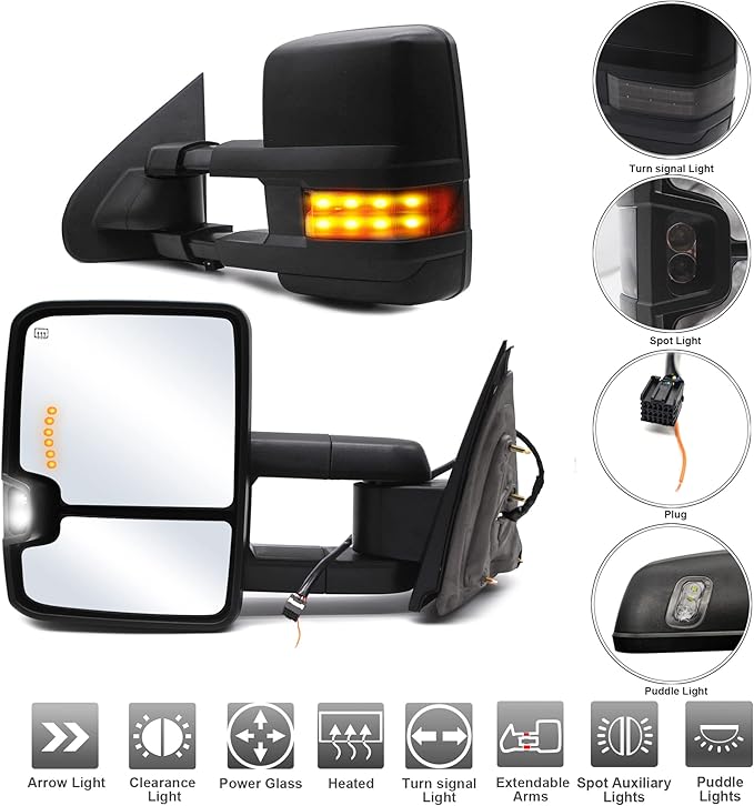ReYee Towing Mirrors for 2014-2019 Chevy Silverado 1500 2500 3500 GMC Sierra with Power Heated Turn Signal Light Arrow Signal On Glass Auxiliary Lamp Manual Telescoping Folding Black Cap