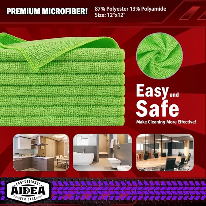 AIDEA Microfiber Cleaning Cloth, 10PK, Microfiber Towels for Cars, Premium All Purpose Car Cloths, Dusting Cloth Cleaning Rags, Absorbent Towels for SUVs, House, Kitchen, Window, 12"×12", Green