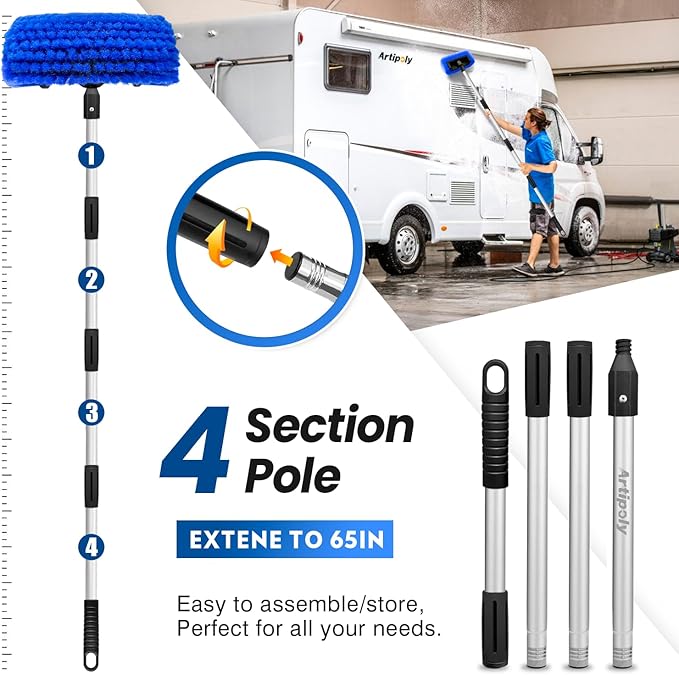 65'' Car Wash Brush with Long Handle, Scratch-Free Car Cleaning Kit with Soft Wash Brush, Tire Brush, Window Squeegee, Car Wash Mitt, Microfiber Cleaning Head & Extension Pole