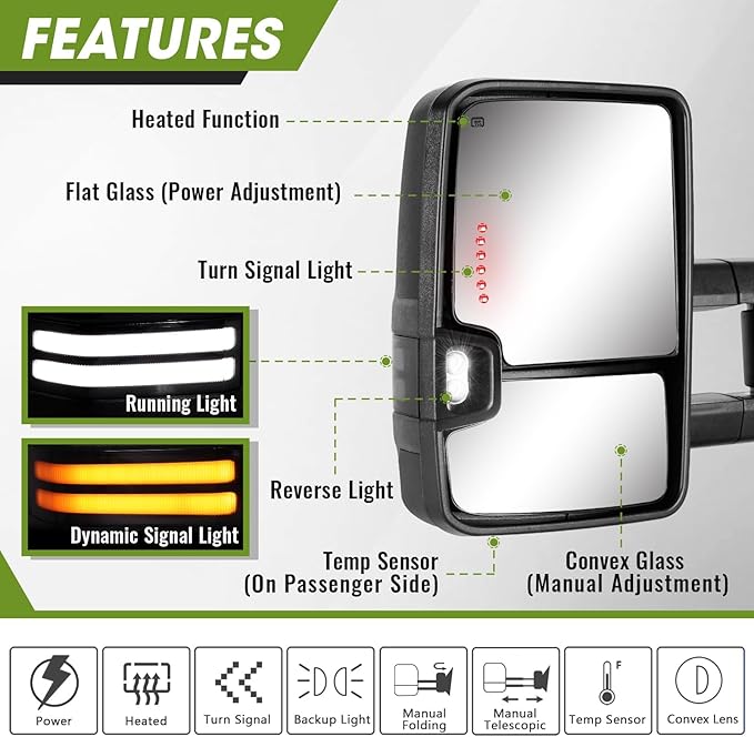 Towing Mirrors for Chevy Silverado/GMC Sierra 1500 (2014-2018), 2500HD/3500HD (2015-2019) Switchback Dynamic Turn Signal/Running Lights Power Heated (Textured Black)