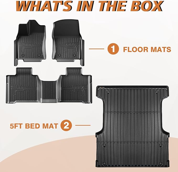 TripleAliners Truck Bed Mat & Floor Mats Front Rear Full Set Compatible with Toyota Tundra 2022-2024 2025 CrewMax Cab Accessories All Weather TPE Liners (5.5FT Truck Bed Mat+Floor Mats)