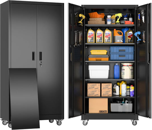 Garage Storage Cabinet with Wheels & Pegboard, 71" H×34" W×18" D Locking Metal Storage Cabinet with 2 Doors and 5 Adjustable Shelves for Garage Workshop Home, Black, Assembly Required