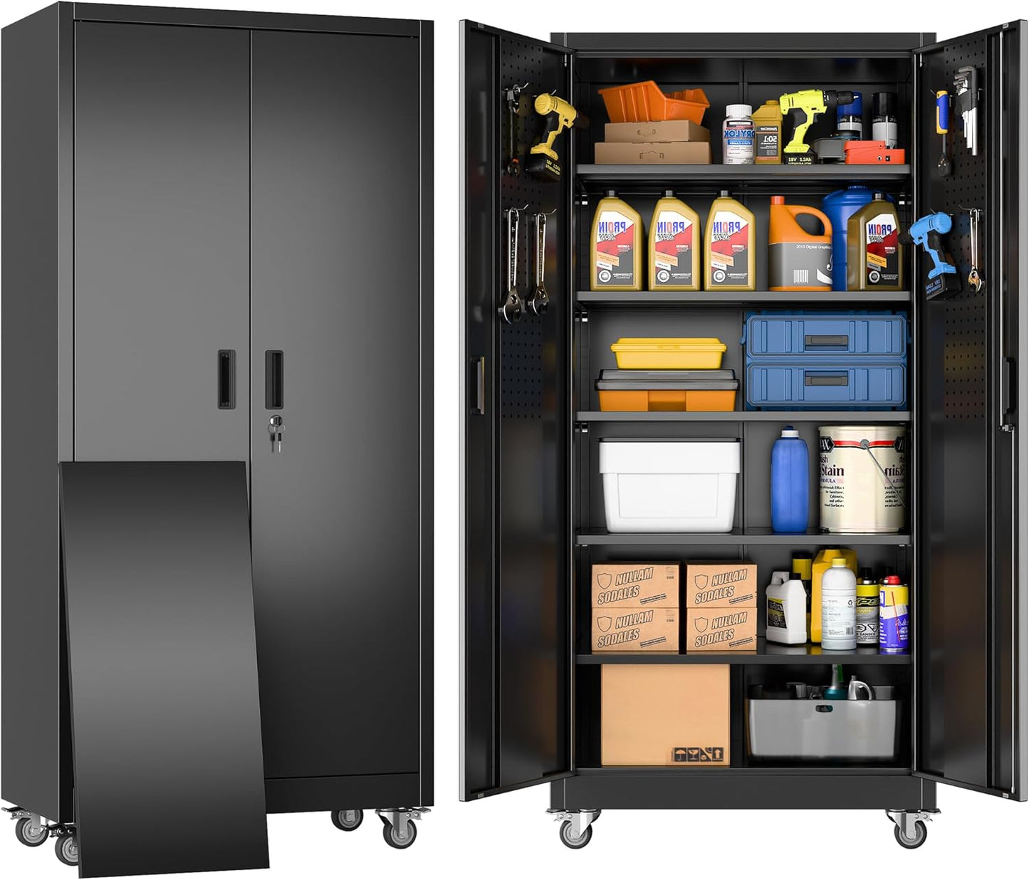 Metal Garage Storage Cabinet with Wheels and Pegboard 71'' x 34'' x 18'', Lockable Rolling Steel Cabinet with 5 Adjustable Shelves and Door for Garage, Office, Kitchen, Assembly Required(Black)