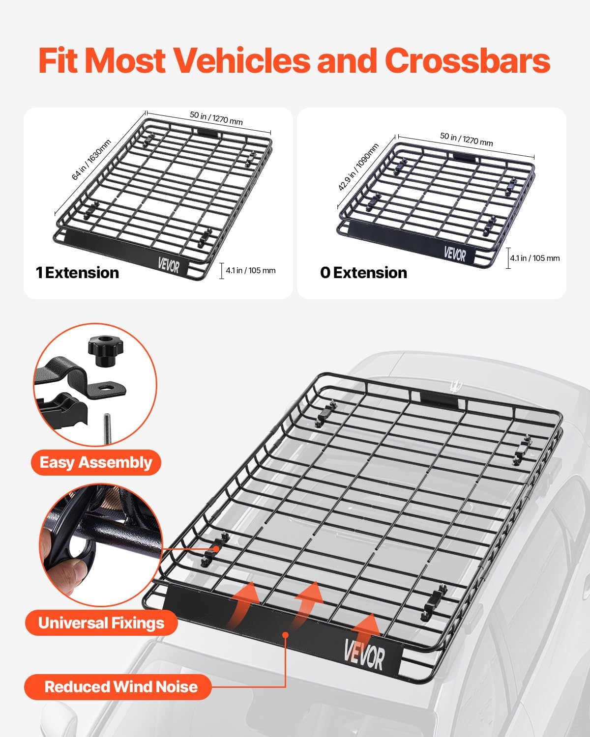 VEVOR Roof Rack Basket, 64 x 50 x 4.1 in, Universal Rooftop Cargo Carrier with Two 35.4 x 39.4 in Cargo Net,150 lbs Max Car Top Luggage Holder, 4.1 in Fence, Anti-Rust Alloy Steel, for SUV Truck Car