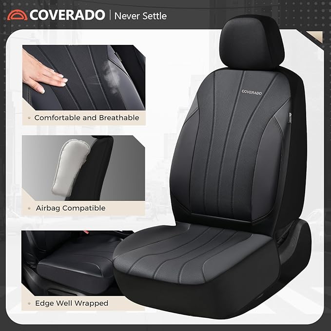 Coverado Car Seat Covers Full Set, Automotive Front and Rear Seat Covers, Leather Car Seat Covers Full Set 5 Seats, Airbag-Compatible, Spill-Proof Design, Black Seat Covers for SUV Sedan Truck