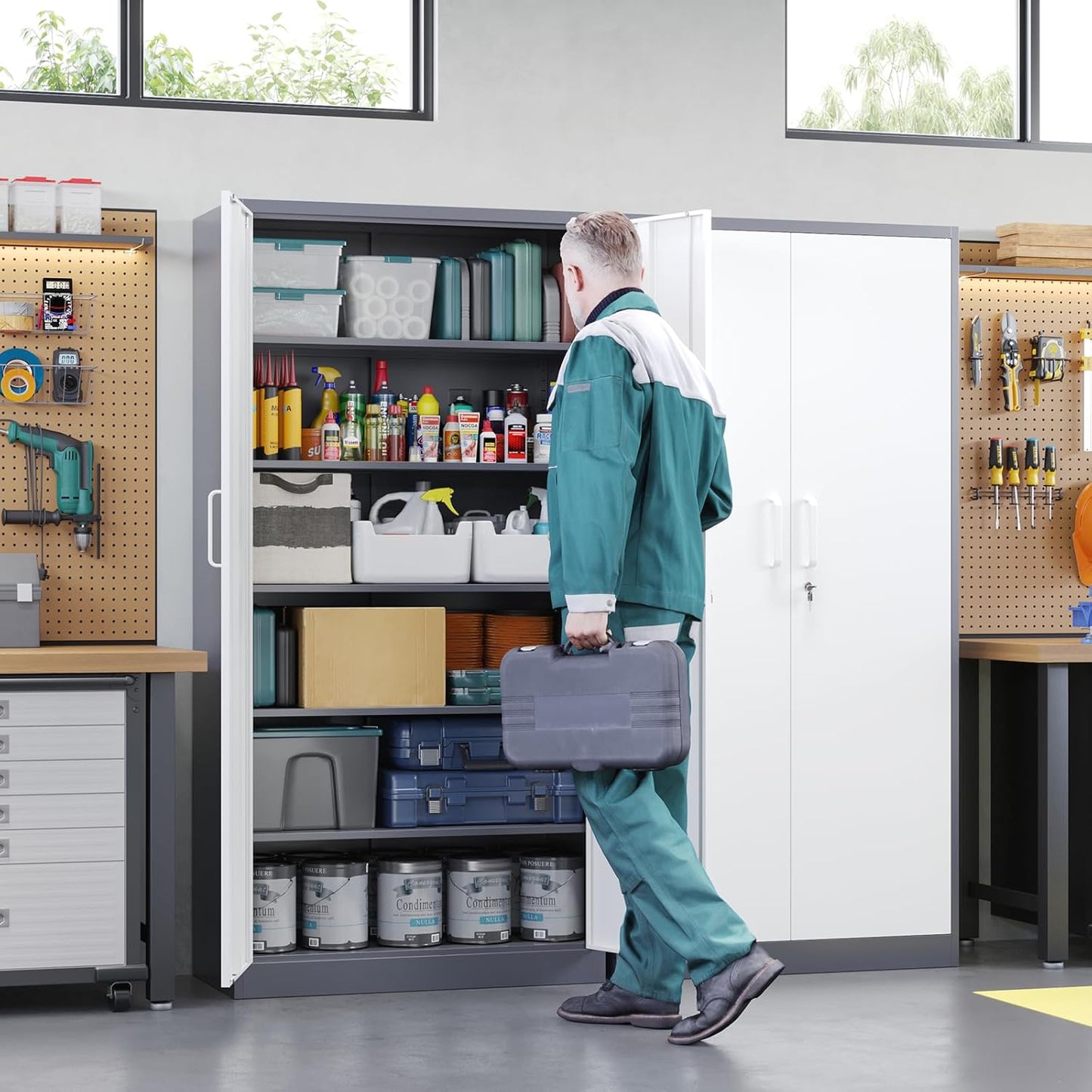 Letaya Metal Storage Cabinet with Lock Door and 5 Shelves,6 Tier Steel Garage Tool Cabinet for Home Office Utility Room 72" H X 36" W X18 D (White Gray)