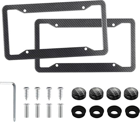 LivTee Carbon Fiber License Plate Frames, 2PCS Car License Plate Holder, 4 Holes Stainless Steel License Plate Covers, Automotive Exterior Accessories, Slim Design with Gasket Cover for US Cars