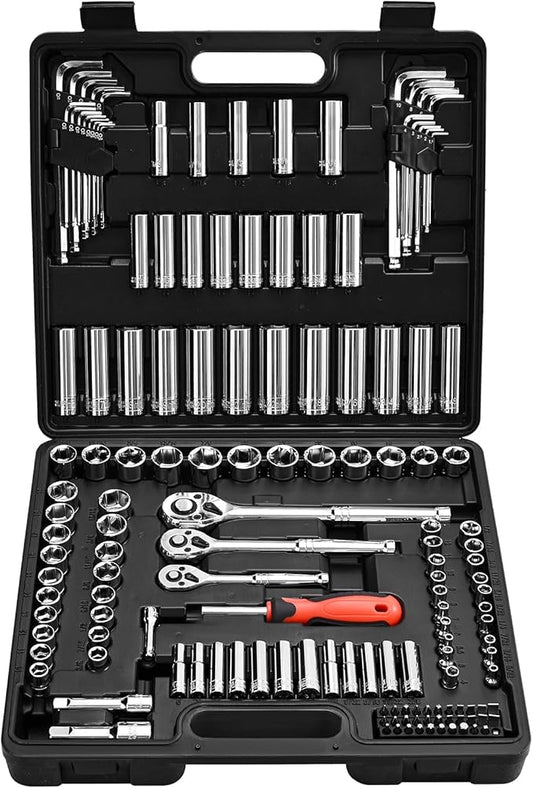 VEVOR Socket Set, 149 Pieces, 3/8 & 1/4 & 1/2 inch Drive Socket and Ratchet Set, SAE and Metric, Deep and Shallow, Mechanic Tool Kit with Bits, Accessories, Storage Case, CR-V Alloy Steel, for Repair