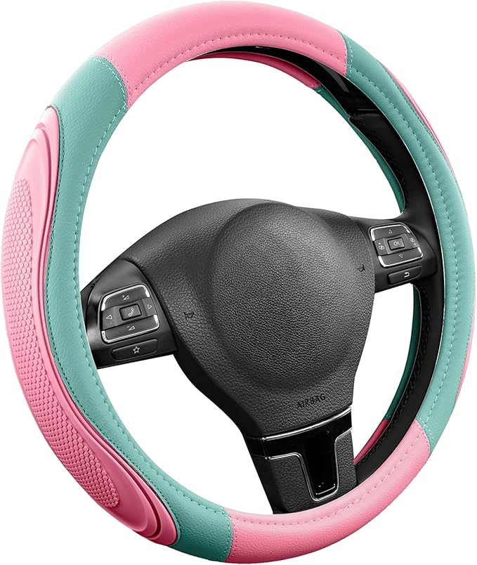 Road Comforts Car Steering Wheel Cover - Microfiber Leather Steering Wheel Wrap Sports 14.5-15 Inch Steering Wheel Cover Non-Slip for Men Women Pink & Green Color