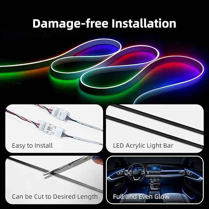 Wireless APP Control Car-Ambient-Lighting-Kit,256 RGB Colors DIY Modes Acrylic Interior Car LED Strip Light