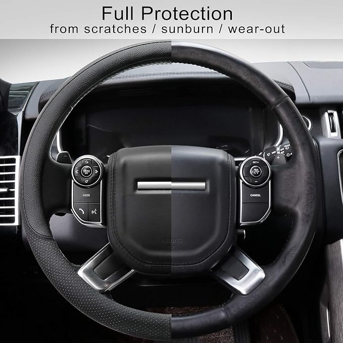 COFIT Breathable Car Steering Wheel Cover 16 inch Auto Universal Leather Wrap Non-Slip Protector Automotive Interior Accessories, Black (Suit for 15.5-16 inch)