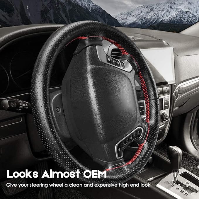 BELINOUS Universal Leather Car Steering Wheel Cover, Stitch On Wrap (Size S4, Black)