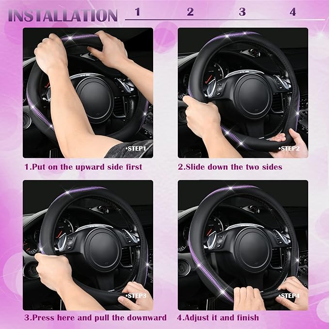 CAR PASS Bling Diamond Black Leather Steering Wheel Cover, Studded Crystal Rhinestones Universal Fit 14" 1/2-15" Glitter for Women Sparkle Girl Fit Suvs,Vans,Sedans,Car,Trucks, Purple Diamond