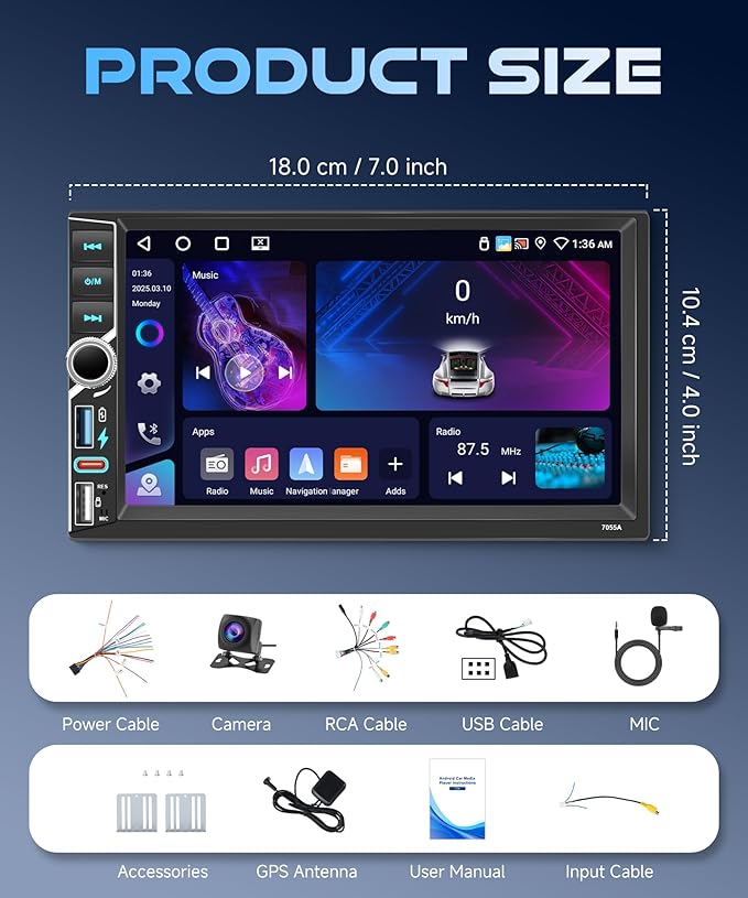 2 DIN Car Stereo Wireless CarPlay Android Auto, 7-INCH IPS Touch Screen Head Unit Android System [4+64GB] Double Din Car Radio BT5.0, WiFi, EQ, USB-C Backup Camera