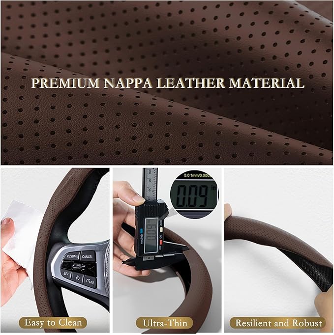 Aimato Nappa Leather Steering Wheel Cover, Ultra-Thin Car Steering Wheel Cover,Comfortable & Breathable Microfiber,Universal Fit for Most Cars,Brown