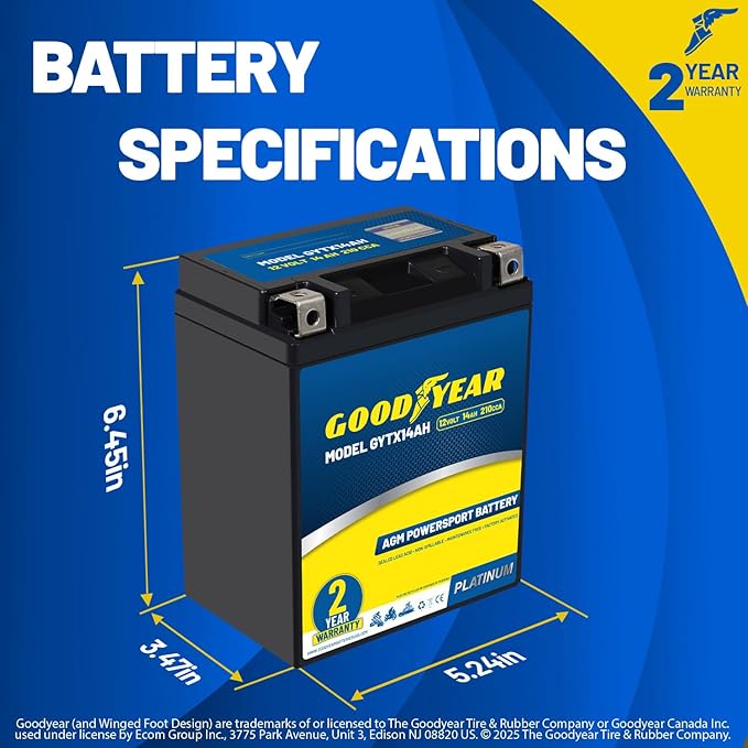 Goodyear GYTX14AH - 12 Volt 14 AH, 210 CCA, Rechargeable High-Performance, Maintenance Free, SLA - AGM Battery for Motorcycle, ATV, UTV, 4-Wheeler, Snowmobile, Watercraft and more!
