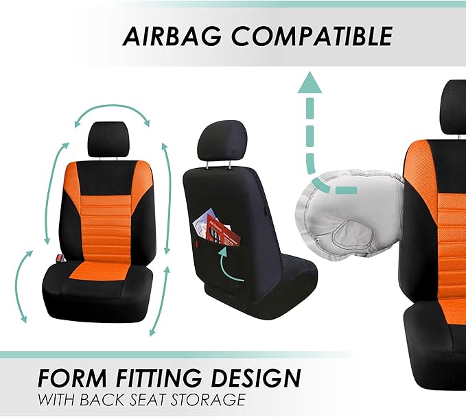 FH Group Automotive Car Seat Covers Front Set Premium 3D Air Mesh Front Seat Covers, Airbag Compatible Universal Fit Interior Accessories for Cars Trucks and SUVs - Orange