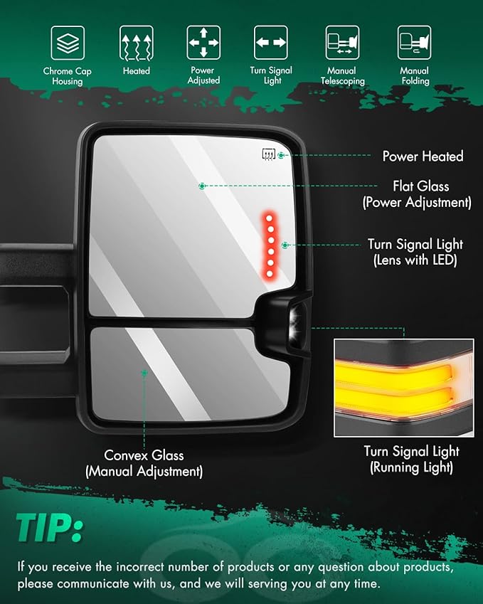 SCITOO Towing Mirrors Chrome Truck fit for 2014-2018 for Chevy for GMC 1500 2015-2019 for Chevy for GMC 2500/3500 HD with Pair LH RH Power Heated LED Turn Signal Running Back Up
