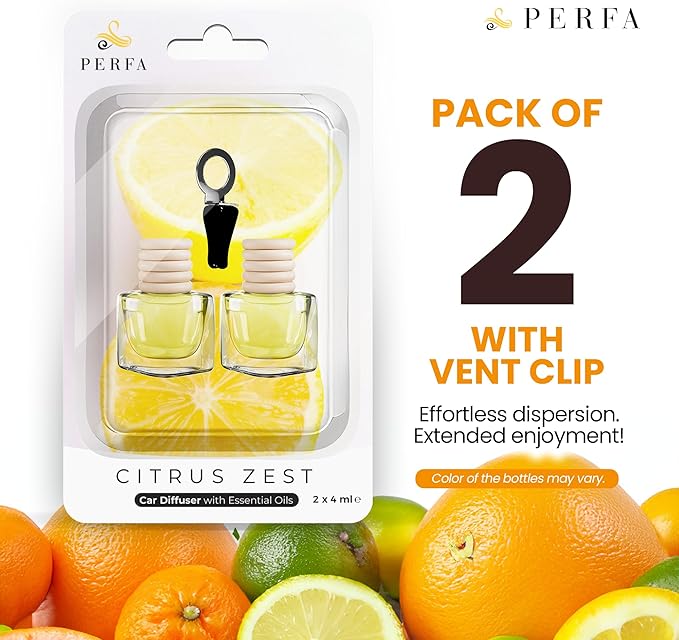 Car Air Fresheners - Citrus Zest Car Air Fresheners for Men | Pack of 2 Long Lasting Car Air Freshener | Odor Eliminator Car Perfume Diffuser with Essential Oils | Car Air Freshener Vent Clip by Perfa