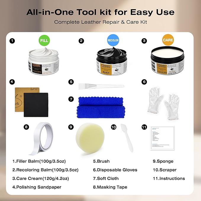 12H Quick-Dry Leather Repair Kit with 3.53Oz Black Leather Recoloring Balm, Filler & 4.23Oz Care Cream, 3-in-1 Vinyl Repair Set for Sofa, Car Seats, Jackets, Purses, Shoes, Faux Leather and More