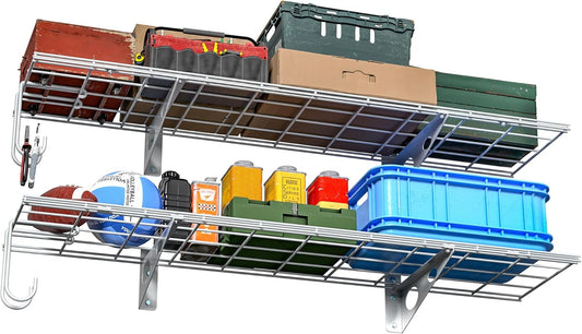 EVERHANGER Garage Wall Shelves, 12 X 48 Inch Wall Mounted Storage Shelves, Heavy Duty Metal Shelving with Hooks, 2 Pack, White