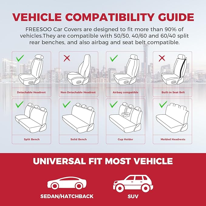 FREESOO Car Seat Covers Full Set,Waterproof Automotive Seat Covers, Leather Cars Interior Covers, Seats Protection Universal fit Babies & Adult (Black Red)