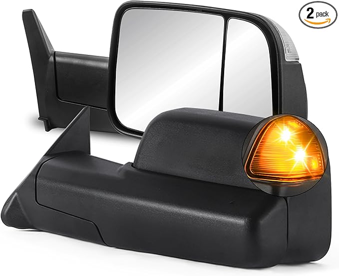 Pair Black Power Heated Towing Mirrors Compatible for 1994-1997 Dodge Ram 1500 2500 3500 w/Led Turn Light Manual Folding