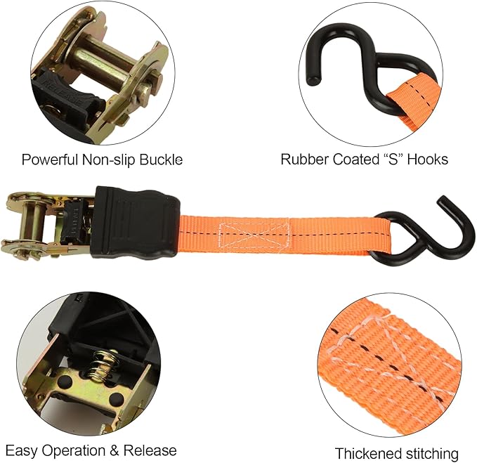 Ratchet Straps, 6Pack 20Ft Ratchet Tie Down Straps, 1700 LB Break Strength Ratchet Tie Down Straps with Safety Lock S Hooks & Soft Loops for Moving Cargo, Motorcycle, Appliances, Lawn Equipment