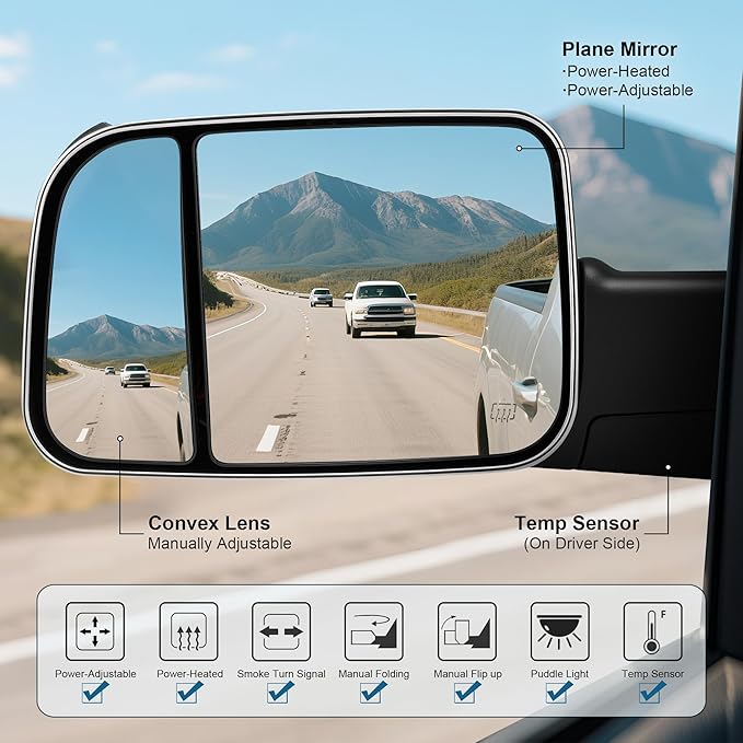 Tow Mirrors Compatible with 2009-2018 Dodge Ram 1500, 2010-2018 2500 3500, Flip Up Extended Trailer Towing Side Mirrors w/Smoked Turn Signal, Power Heated, Chrome