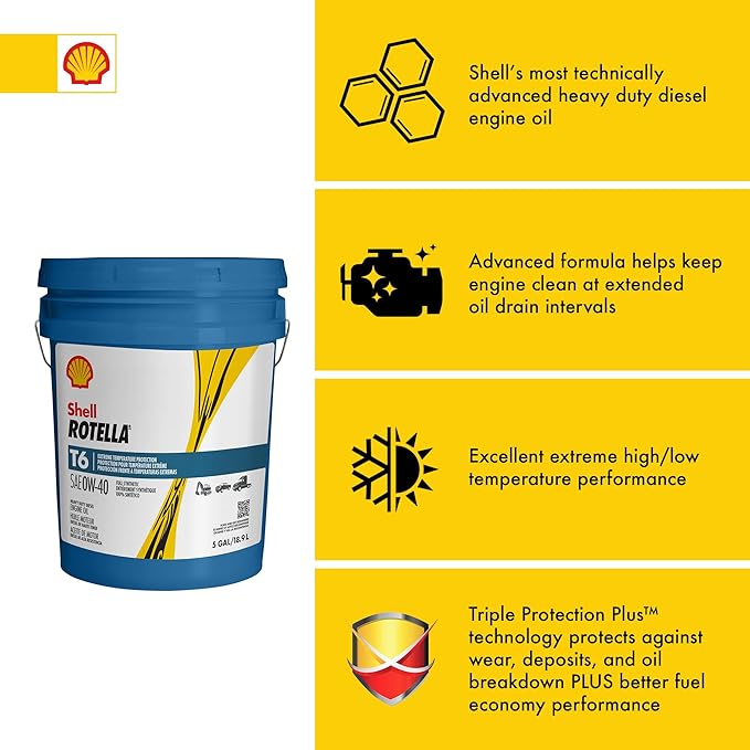 Shell Rotella 550054526 T6 Full Synthetic Heavy Duty 0W-40 Engine Diesel Oil - 5 Gallon Pail