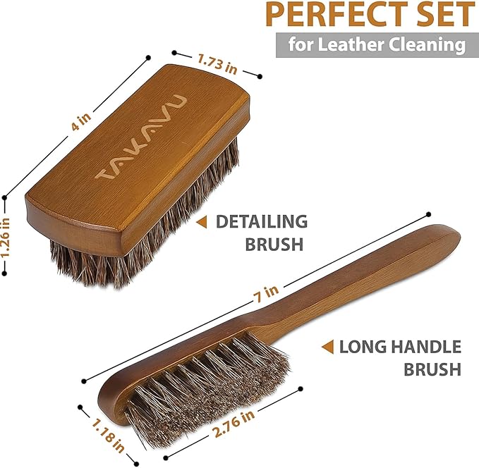 TAKAVU Leather & Upholstery Cleaning Brush Set, 100% Horse Hair Bristle, to Clean Car Seats & Leather Sofas, for Alcantara, Interiors, Furniture, Boots, Shoes, Bags and More