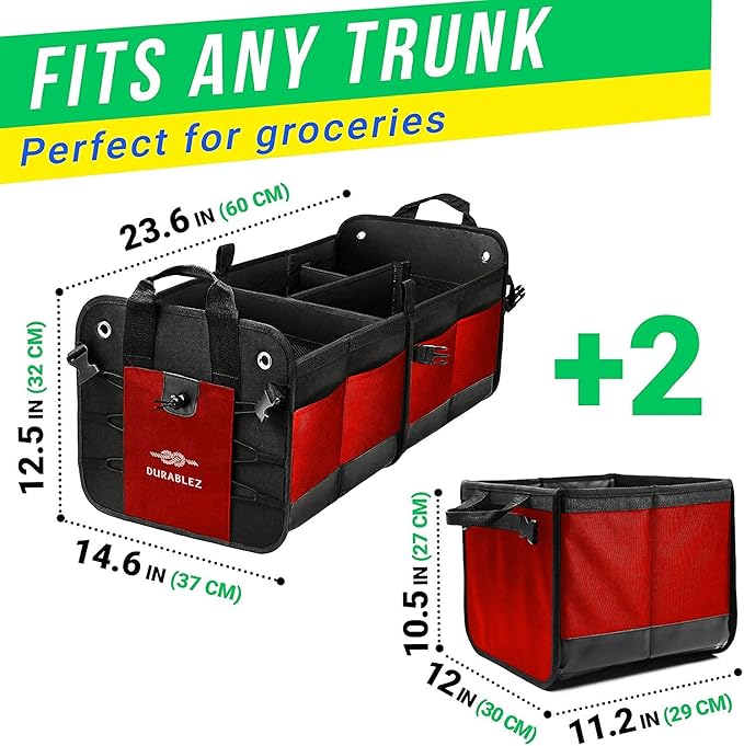 Extra Large Car Trunk Organizer for SUV - Trunk Storage - Modular Configurable Detachable Collapsible - Minivan Truck Sedan Van - 4 Compartment XXL, Red