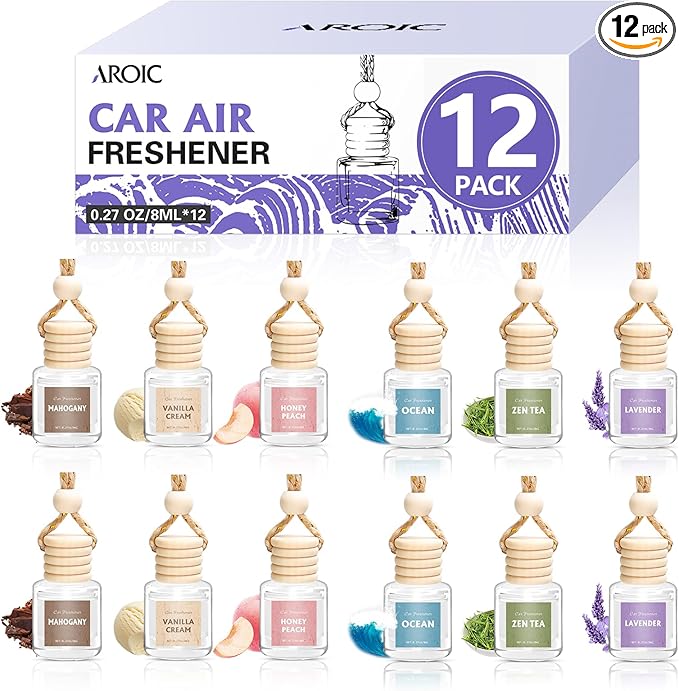 AROIC 12 Pack Car Air Freshener, Car Smell Air Freshener Diffuser Essential Oil Scent for Women & Men, Car Accessories Interior, Hanging Automotive Light Fragrance with Many Flavors