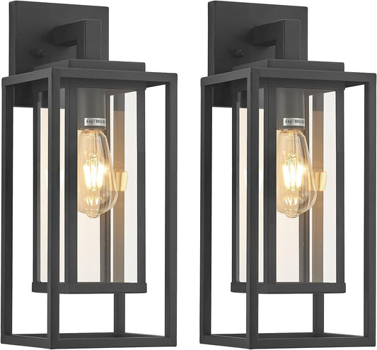 18" Outdoor Wall Light Fixtures Waterproofed Exterior Lantern W/Sturdy Rectangular Double Cage In Satin Black&Clear Tempered Glass,Sconce Mounted For House Patio,Front door,Porch,Garage Lighting 2Pack