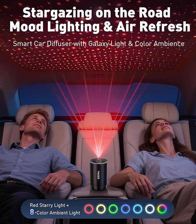 Smart Car Air Freshener, Car Air Freshener Diffuser with Starry Sky Projection and 50ml Perfume, Auto On/Off Intelligent, 3 Mode Adjustable Rechargeable Aroma Diffuser (Gardenia)