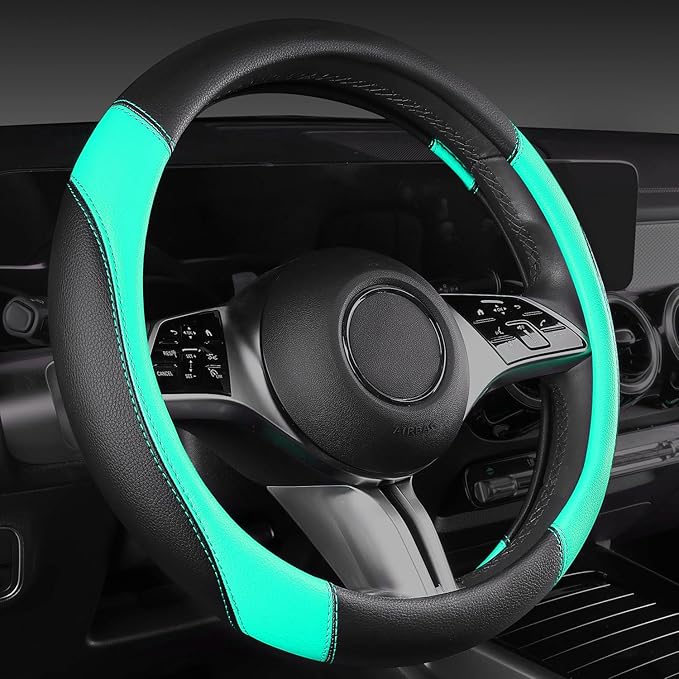 CAR PASS Faux Leather Steering Wheel Cover and Waterproof Car Floor Mats,Universal Car Combo Fit for 95% Sedan,SUV,Cars,14.5-15inch Sporty Anti-Slip Safety Comfortable Design(Black＆Mint)