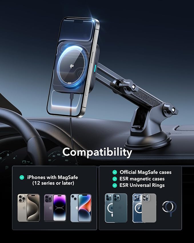 ESR for Qi2 15W MagSafe Car Mount Charger, for MagSafe Car Charger, Suction Cup Magnetic Wireless Car Charging, Dashboard Car Phone Mount for iPhone 17/16/15/14/13/12, S25, Pixel 10, Fast Charging
