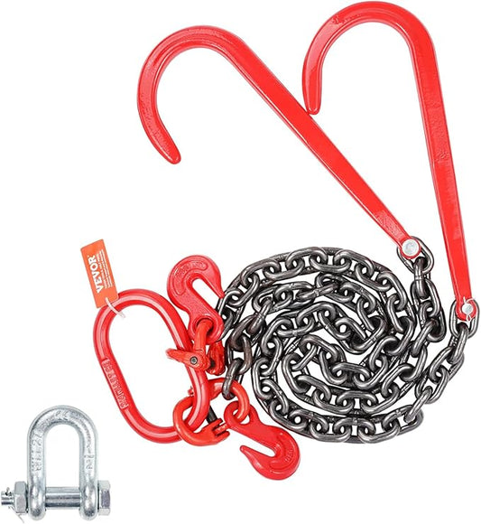 VEVOR G80 V Bridle Chain, 3/8" x 3' Towing Chain Bridle with 15" J Hooks and Grab Hooks, Heavy Duty Transport Tow Chain Bridle with 7800 lbs Safe Working Load for Flatbed Trailer Wrecker Recovery
