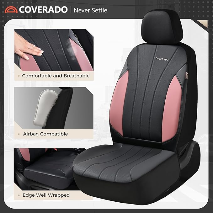 Coverado Car Seat Covers, Luxury Front Seat Covers, Leather Car Seat Protectors, Pink Automotive Seat Covers Universal Fit for SUVs Trucks Sedans