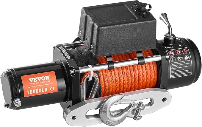 VEVOR Electric Winch, 10,000 lb Truck Trailer Jeep Winch, 12V DC 7/20 in x 65 ft Synthetic Rope Aluminum Fairlead Wireless & Wired Remote Control, IP55 Waterproof Towing for Off Road Jeep SUV Boat
